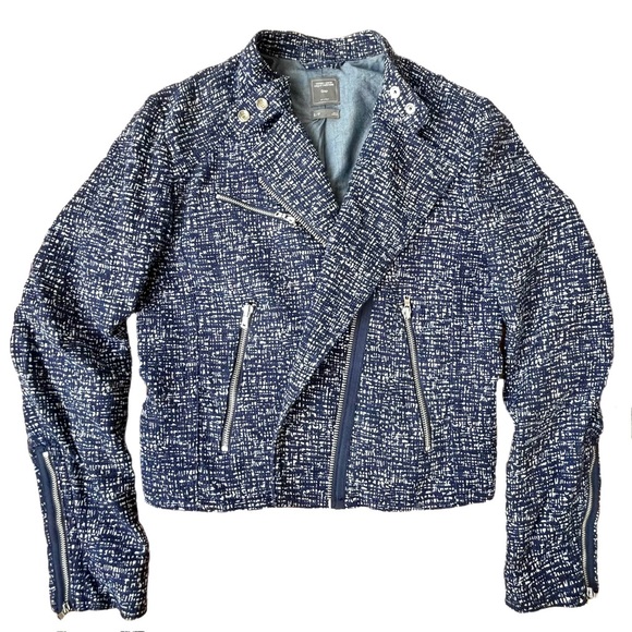 Gap Cotton Moto Style Jacket, Blue Print, Silver Hardware, Size Small - Picture 3 of 5